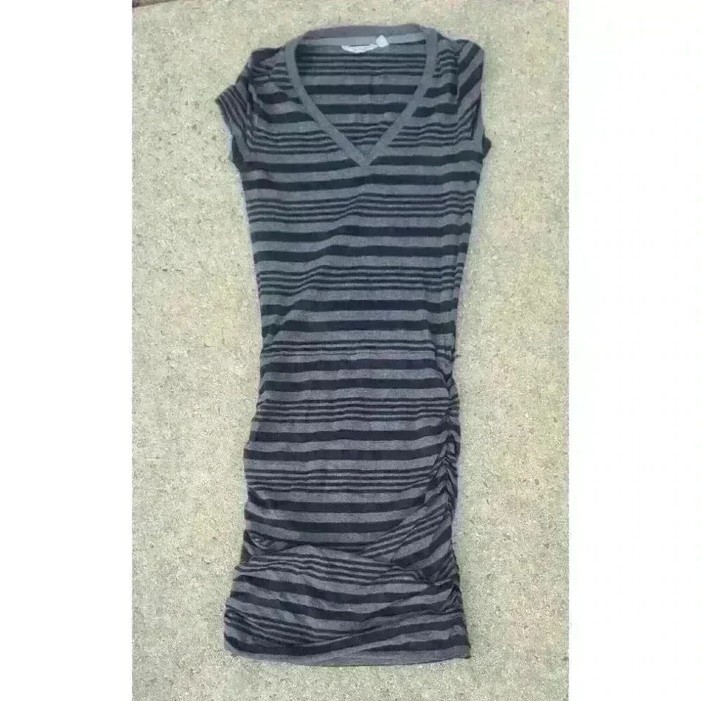 Athleta Womens TOPANGA Dress Size XXS Black Gray Striped Jersey V-Neck Ruched - Picture 4 of 10